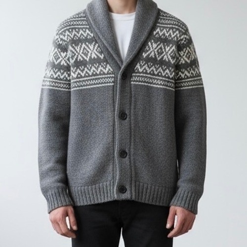 Men's Fair Isle Grandpa Knit Cardigan Button Front Cozy Shawl Collar Size Medium