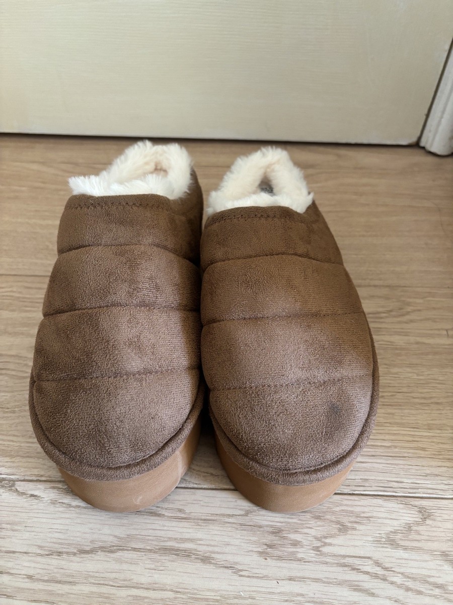 Primark Faux Suede/Fur Flatform Mule Slippers NEW Chestnut Brown