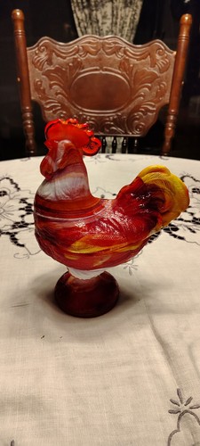 Westmorland orange slag / amberina glass standing rooster covered candy dish