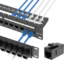 UL Listed 24-Port Cat6A UTP Patch Panel with Lnline Keystone Couplers, 10G Pass-