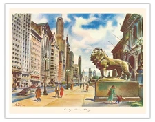 Lions of Michigan Avenue - Chicago - Vintage Travel Poster by Joseph Fehér 1949