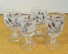 Vintage MCM Libbey Frosted Silver Wheat & Thistle Wine/Water Goblets, Set Of 4 