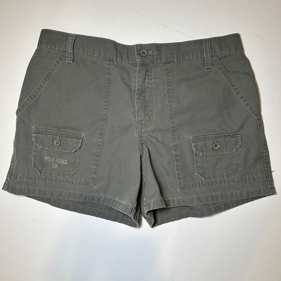 VTG Polo Jeans Cargo Shorts Olive Green Ripstop Pockets Y2K American Flag W8