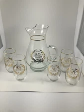 Vintage 50th Golden Anniversary Pitcher and 6 Glasses Set - $40