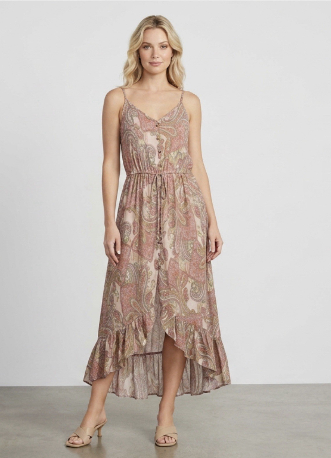 Rewind Womens Paisley Ruffle High Low Midi Dress Size Large Summer Boho Chic