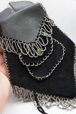 Vintage 1920s Art Deco Black Suede Evening Bag Steel Beaded Fringe Flapper Purse
