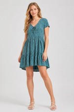 American Eagle Green Floral Tiered Babydoll Mini Dress Size M Boho V Neck