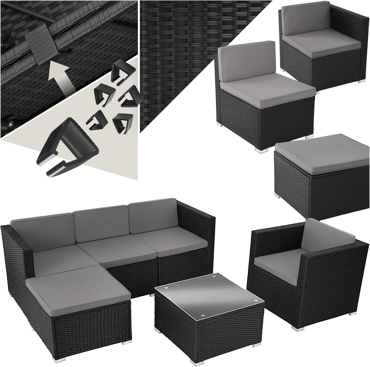 Salon de jardin en poly rotin 5 places résistant aux UV avec 4 fauteuils confort