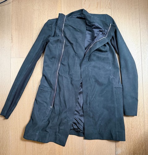 Rick Owens FW14 Black Calf Leather Asymmetric Long Coat Jacket IT 44 US 10