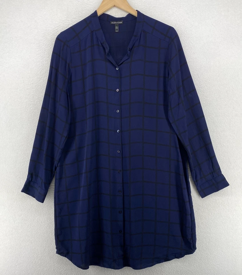 EILEEN FISHER Dress M Windowpane Silk Georgette Crepe Mandarin Shirtdress Blue - Image 2 of 4