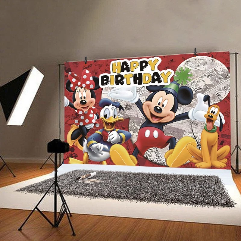 Mickey Minnie Mouse Telón de Fondo Niños Feliz Cumpleaños Fiesta Fondo Banner Decoración Foto 3 de 4