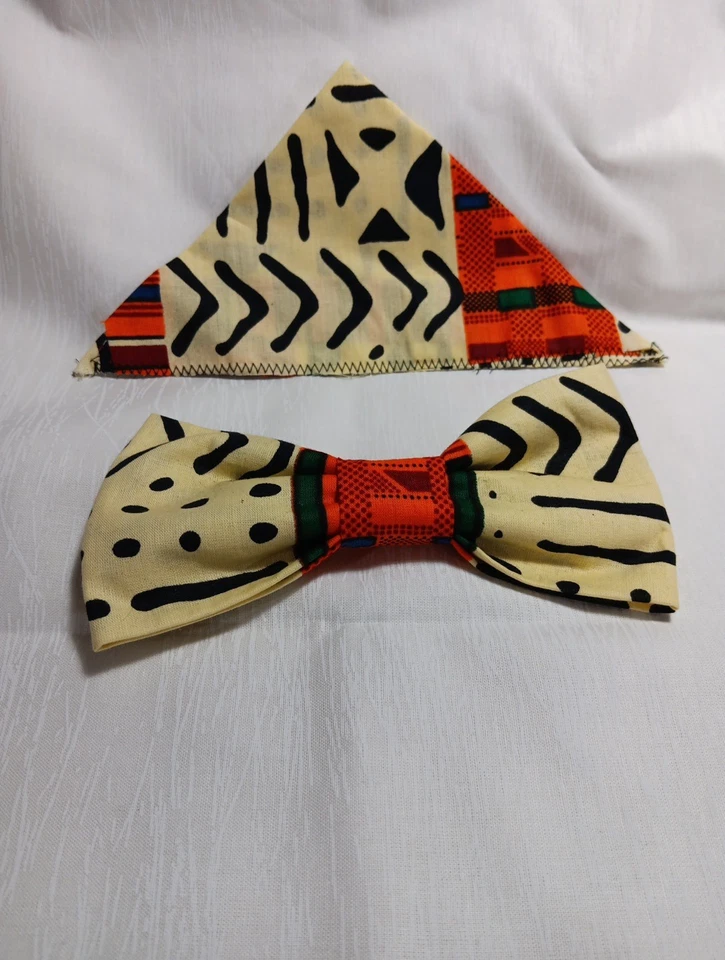 Pajarita y Bolsillo Cuadrado Tela Africana Crema y Negro Foto 3 de 3