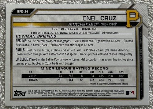 Bowman 2021 primera edición Oneil Cruz #BFE-24 lámina azul Pittsburgh Pirates - Imagen 2 de 2