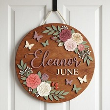 Personalized Baby Girl Nursery Door Sign, Custom Name Wooden Floral Wall Decor