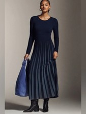 NWT Anthropologie Mare Mare Long-Sleeve Slim Sweater Maxi Dress Navy Blue M Soft