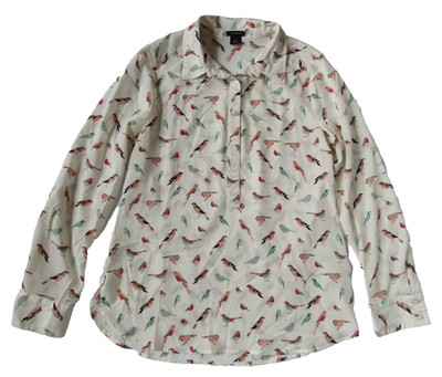 Ann Taylor Shirt Ivory Bird Print Popover Blouse Shirt Top Women's Size S Small