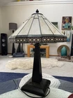 VTG Yellow Green Hexagon Stained Glass Mission Style Table Bedside Lamp PERFECT