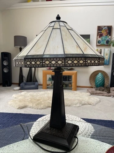 VTG Yellow Green Hexagon Stained Glass Mission Style Table Bedside Lamp PERFECT