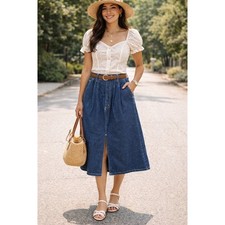 Vtg Dark Wash Denim Midi Skirt Pleated Center Slit Vtg Size 11 12 Small SF West