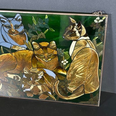 VTG Joan Baker Designs Tiffany Style CATS Stained Glass Panel