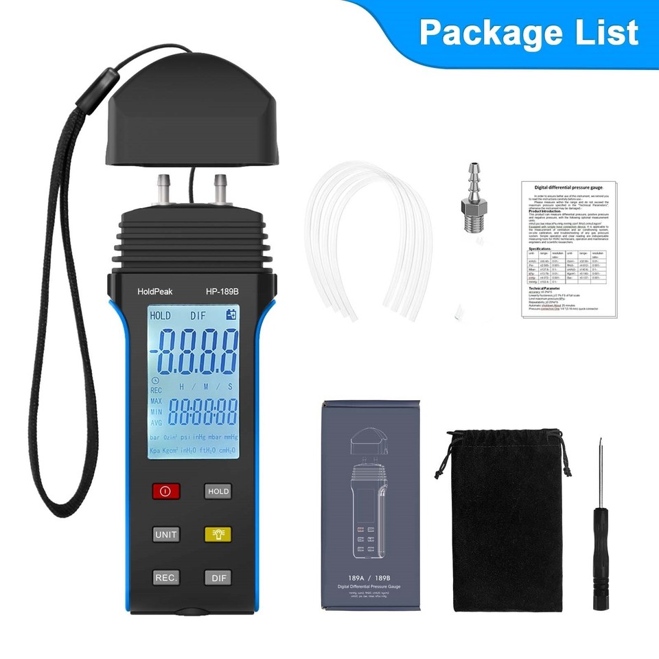 Manomètre Digital HoldPeak HP-189B - Mesure De Pression Différentielle Pour HVAC, Gaz, Air