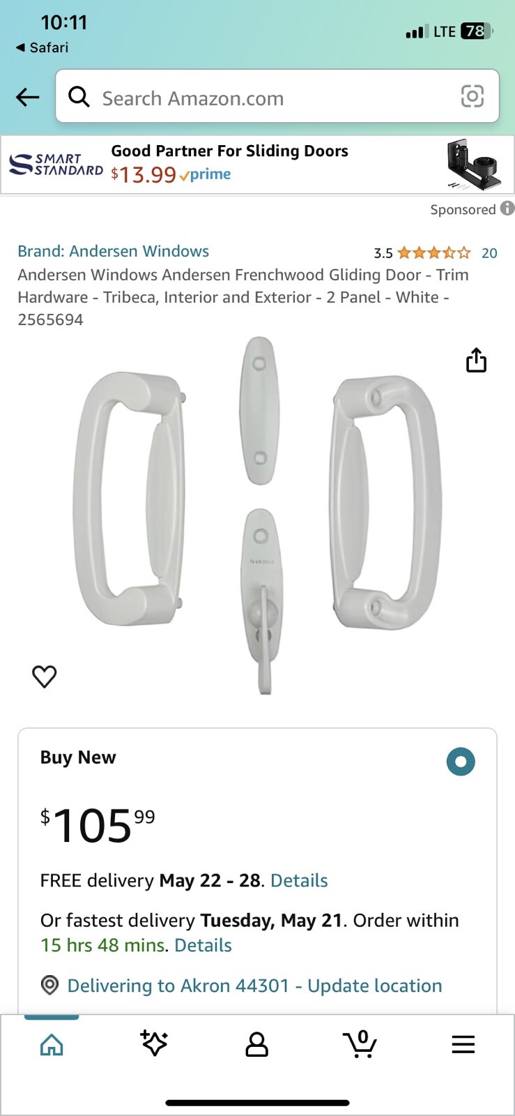 Andersen White Tribeca Gliding Patio Door Hardware Complete Trim Set