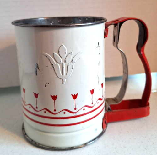 Vintage Androck Embossed Metal Flour Sifter Hand-i-Sift Jr Red Tulip Flower USA - Picture 1 of 11