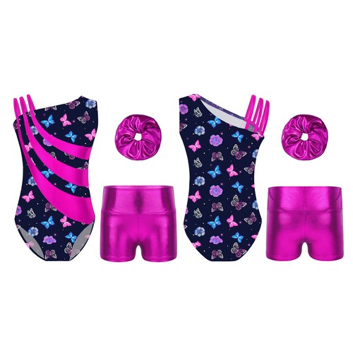 Kids Girls Romper Hair Band Leotard Metallic Playsuit Teamwear Activewear Shiny - Picture 4 of 65