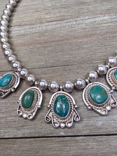 "Collar vintage de plata esterlina verde turquesa flor de calabaza 19""" - Imagen 6 de 12