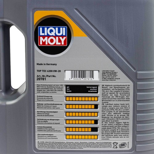 Aceite Top Tec 6200 0W-20 Liqui Moly 5 Litro para Audi Hyundai Kia Seat Skoda VW - Imagen 5 de 5