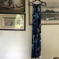 T Tahari Blue Black Abstract Floral Long Maxi Dress Sleeveless Sz M A2670