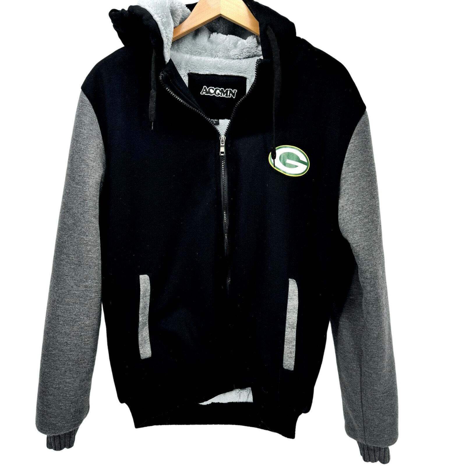 Green Bay Packers Jacket Mens Large Black Gray Full Zip Hooded Fleece Lined