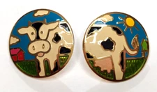 Vintage Edgar Berebi Gold Tone Enamel Cow on Farm Pierced Earrings 1.25"