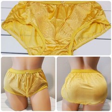 Shiny Double Nylon LACE Silky Granny Panty Wide Gusset Full Cut 6/M YELLOW