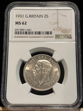 GREAT BRITAIN Florin 1931, George V, NGC MS 62 Lustrous UNC, Scarcer Date. E2