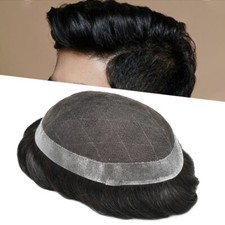 Mens Toupee French Lace Human Hair Replacement System Poly Skin PU Hairpiece Wig