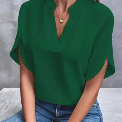 Camicetta manica corta t shirt tunica top donna magliette scollo a V sciolto ufficio tinta unita - Foto 16 di 24