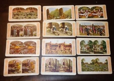 12 OLD ANTIQUE WORLD SERIES STEREOVIEW CARDS NEW YORK JAPAN MOKI INDIAN SWEDEN