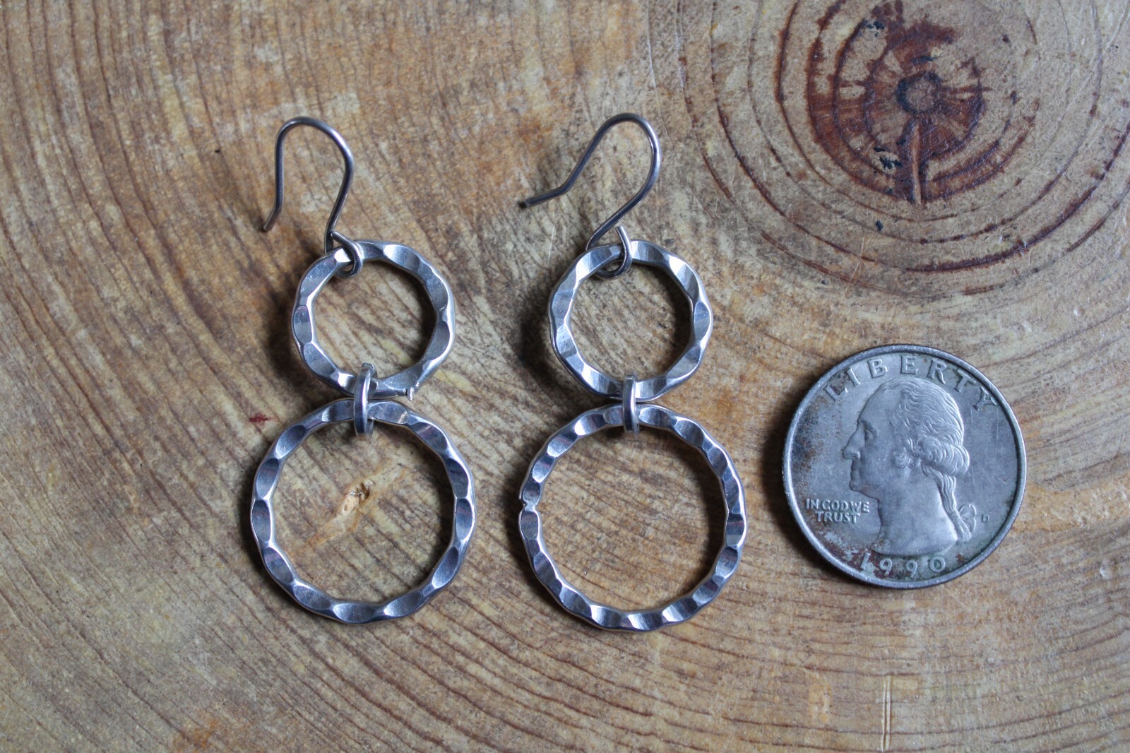 Hammered Sterling Silver Open Circle dangle Earri… - image 2