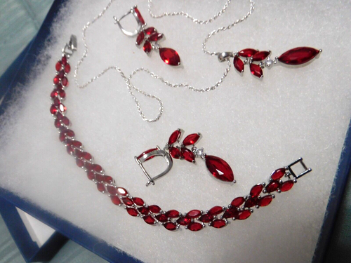 Neu Rote Marquise Zirkon Kristall 925 Sterling Silber Kristalle Dreiteiliges Set - Bild 4 von 7