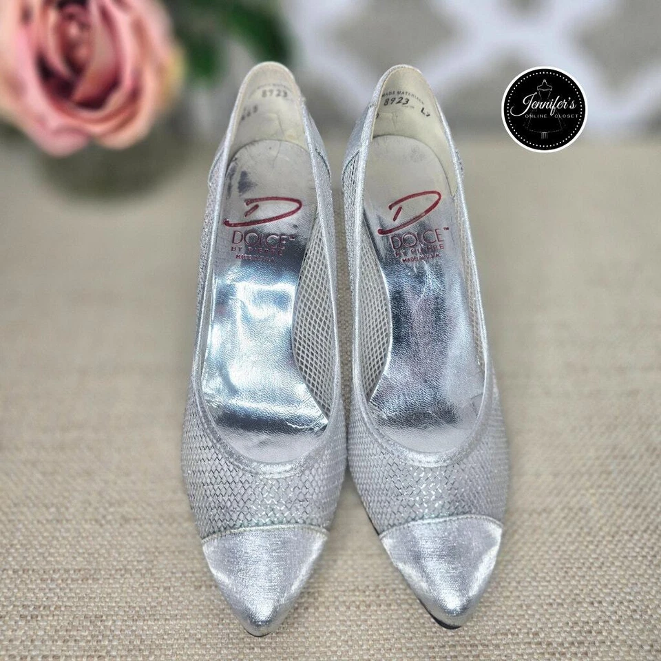 Tacones de malla de tela plateada raros vintage Dolce by Pierre talla 7 Foto 4 de 4
