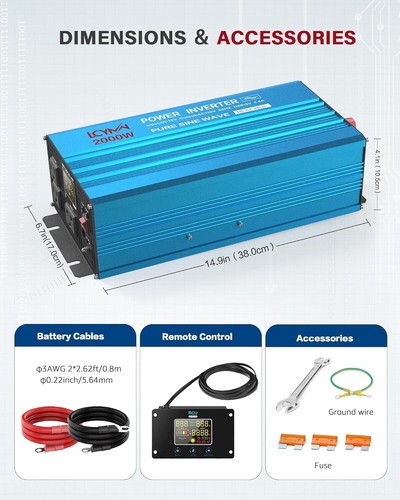 2000Watt Inverter PureSineWave DC 12V to 110V AC Power Inverters 3 outlet - Picture 7 of 7