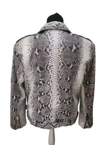Men's Embossed Snakeskin Biker Python Moto Natural Grey Leather Jacket-NEW - Picture 2 of 6