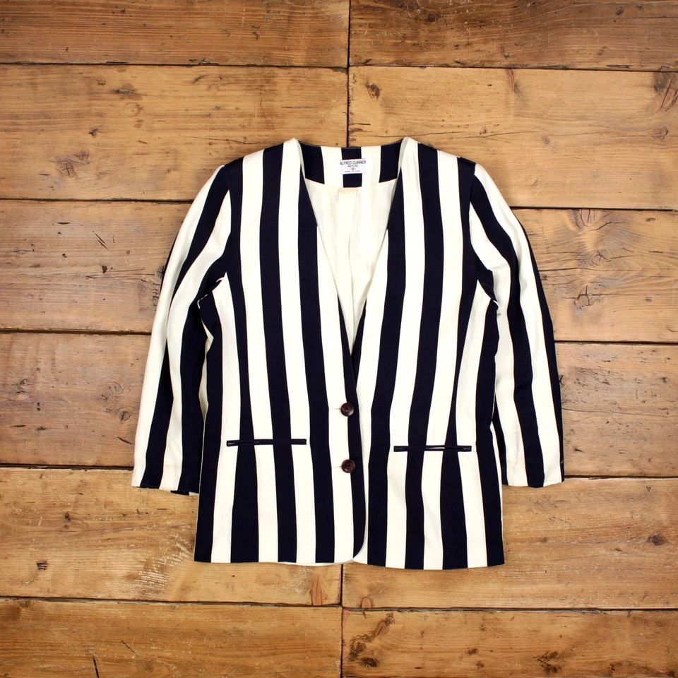 Vintage Alfred Dunner Blazer Jacket S 80s Collarless USA Made Striped Black