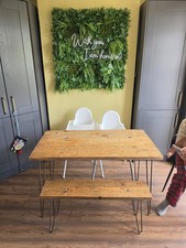 Rustic industrial style dining table and bench with hairpin legs