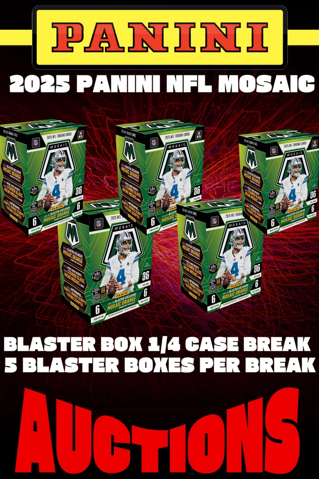 $1 Auctions. 2025 Panini Mosaic NFL Blaster Box 1/4 Case Break (5 boxes)