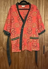 Vintage 60s/70s Diplomat Red Cotton Short Sleeve Kimono Robe with Dragon Print