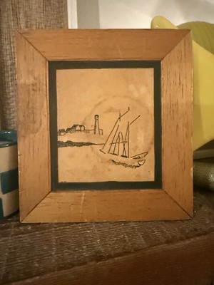 Vintage William Cruikshank Etching Print -Sailboat & Lighthouse Coastal scene-Mi