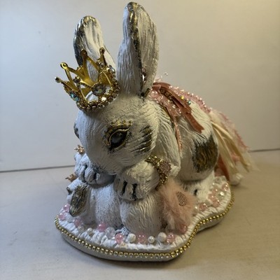Large White Easter Bunny Rabbit Figurine w/ Floral Crown Jeweled Bow Stunning!!