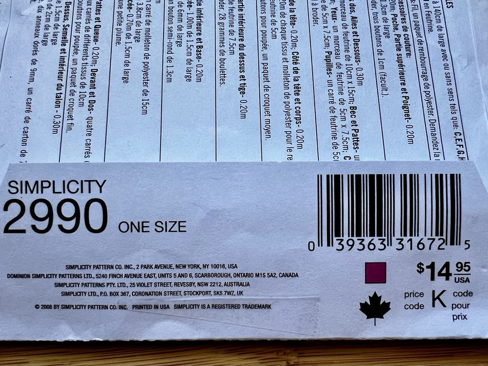 Patrón de costura para 8 ALMOHADILLAS diferentes * Juguetes blandos Simplicity 2990 sin cortar Foto 3 de 4